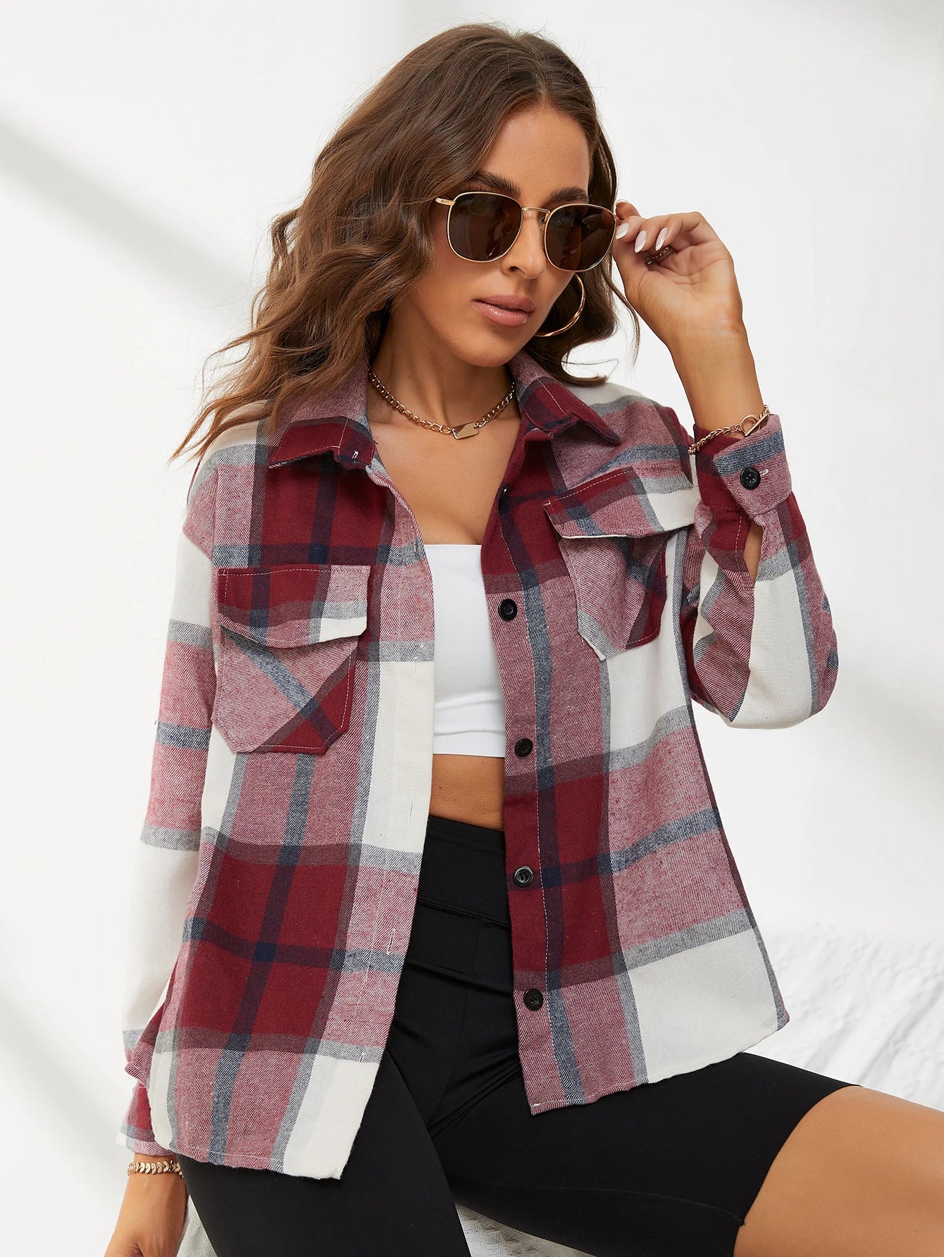 New Lapel Plaid Women‘s Shirts Spring