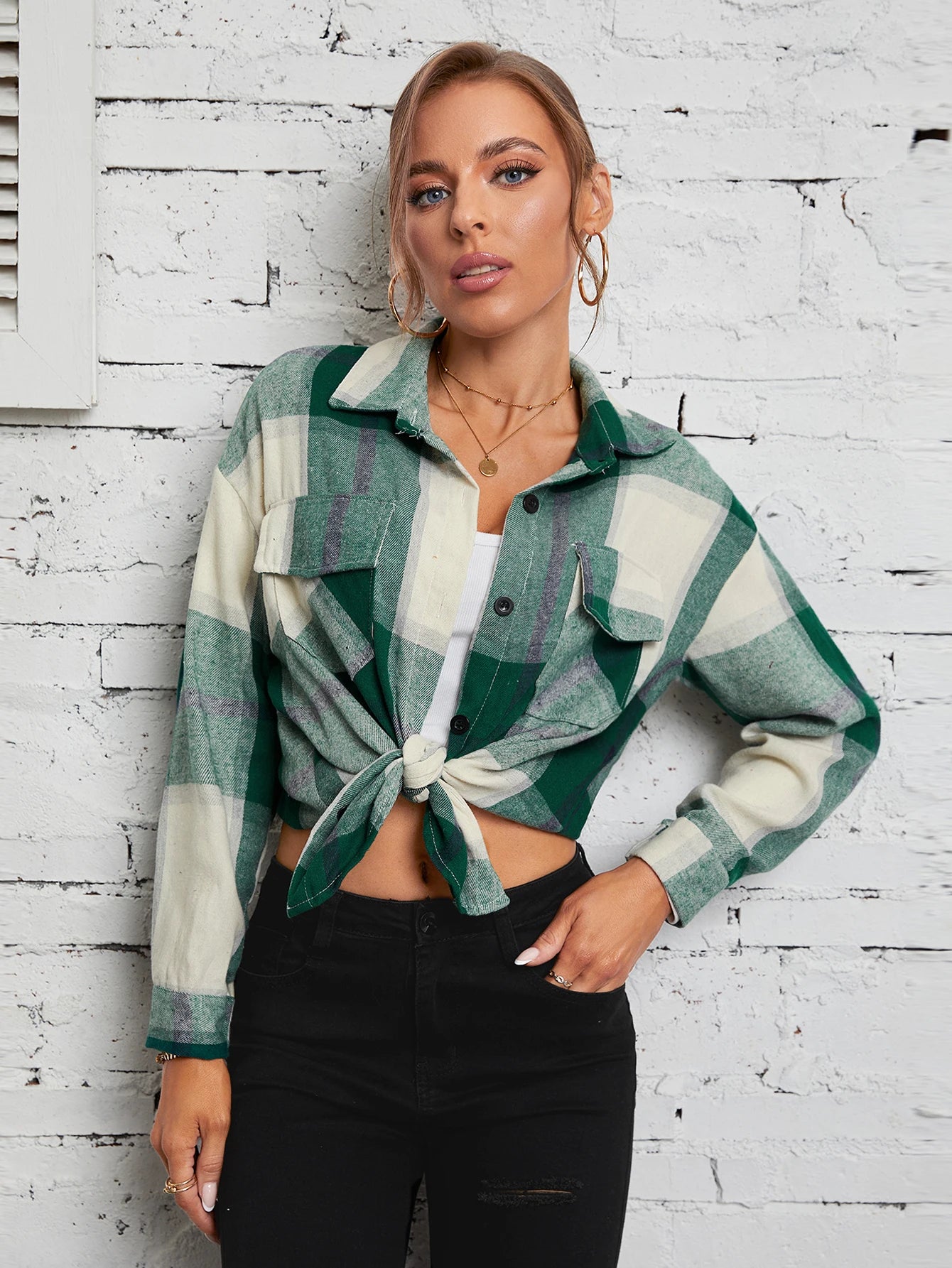 New Lapel Plaid Women‘s Shirts Spring