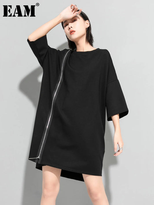 Women Black Zipper Big Size Dress